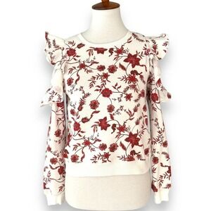 🍀Rebecca Minkoff White Red Floral Cold Shoulder Crew Neck Sweatshirt Size XS